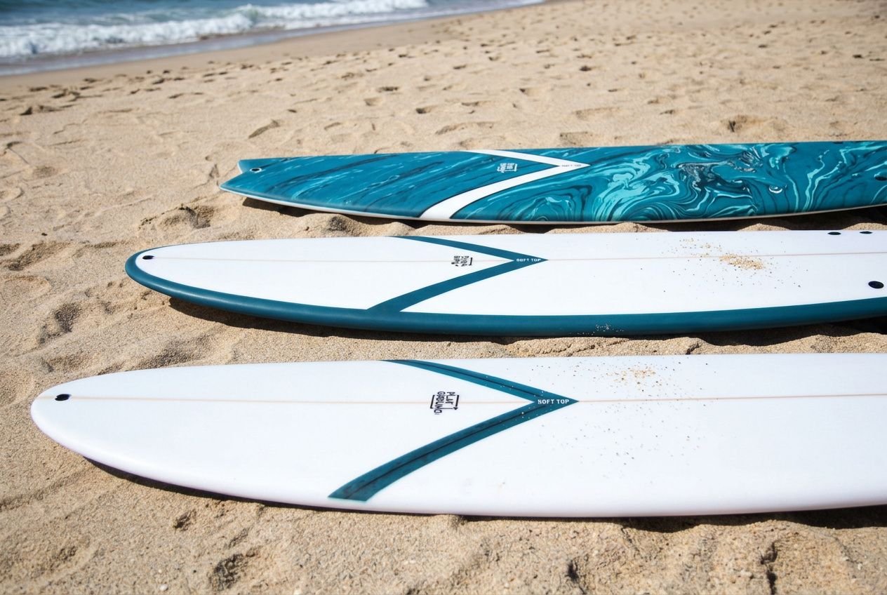 Three foam beginner-friendly soft top surfboards lie on a sandy beach, with the sea in the background.