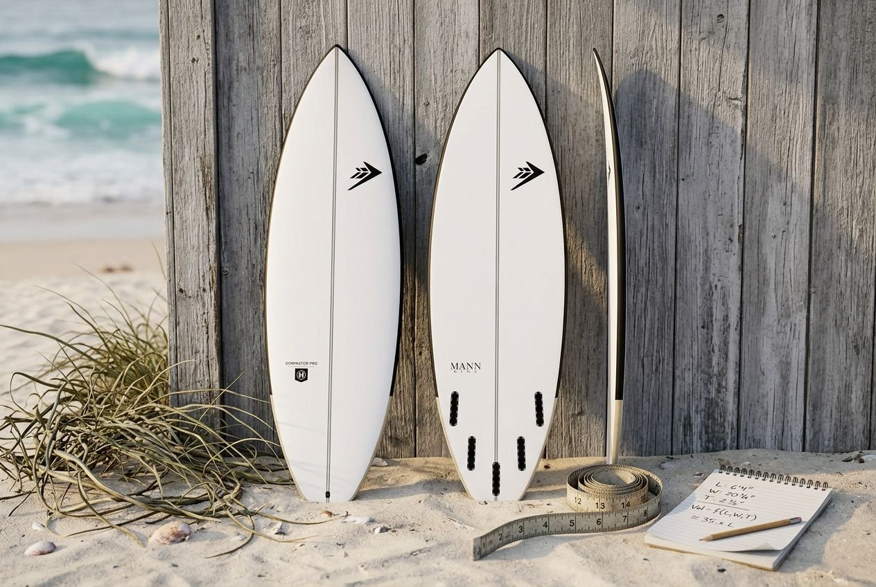 Tre tavole da surf bianche in nylon, appoggiate contro una parete di legno su una spiaggia, con righelli e un taccuino accanto. Include "calcolo volume tavola surf" in modo naturale.