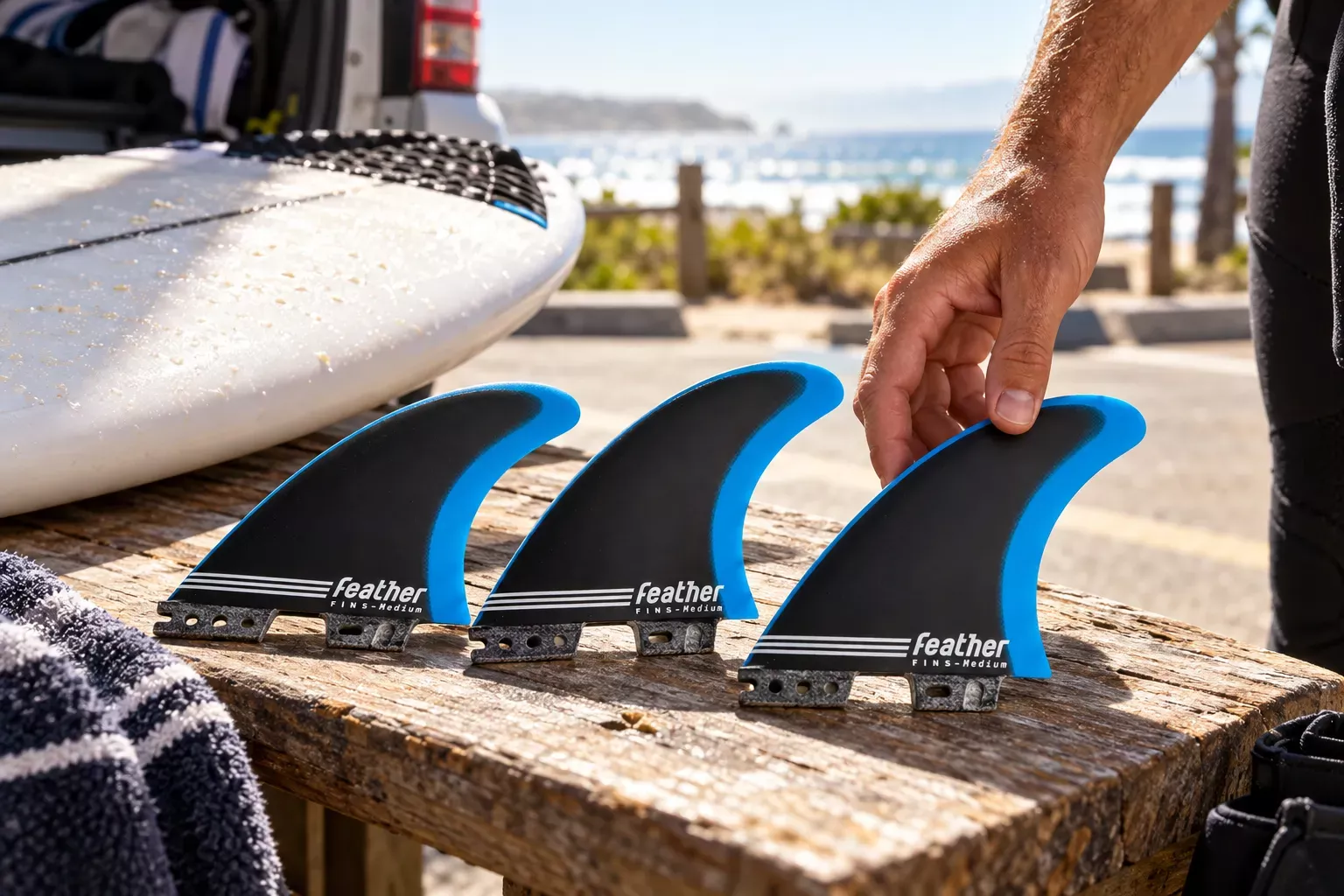 Tres quillas de surf de la marca feather apoyadas en una mesa junto a una tabla.