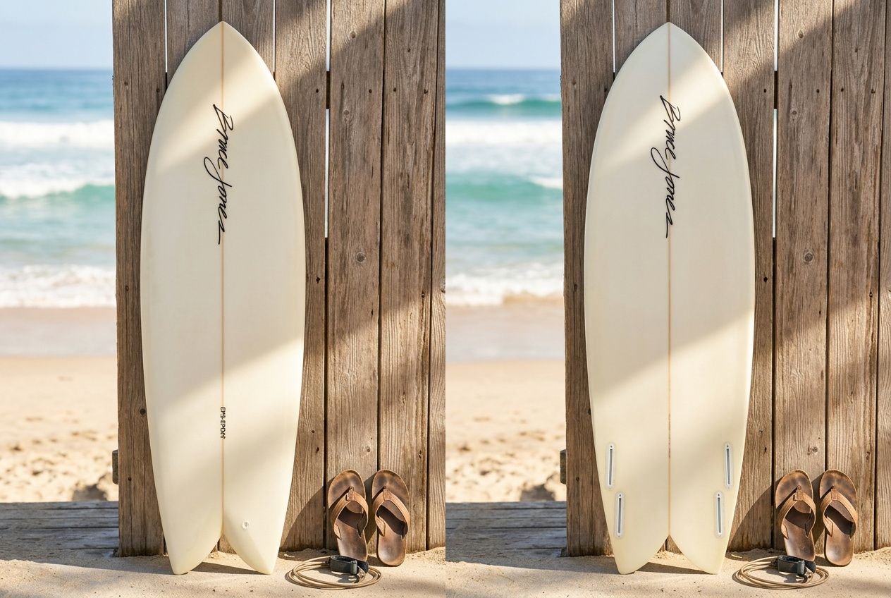 Two cream fish-shaped surfboards leaning against a wooden fence on a sunny beach, with flip-flops and a leash placed at the base. How to choose a fish surfboard included.
