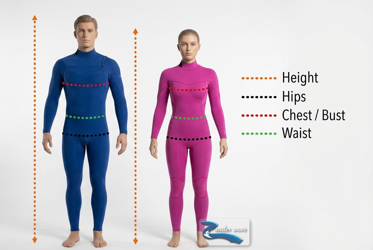 Two models in wetsuits with measurement lines: height (orange), hips (black), chest/bust (red), and waist (green) indicated, illustrating how to measure wetsuit fit for men and women.