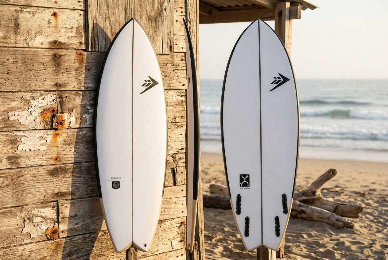 Two white surfboards propped against a weathered wooden shack on the beach, ready for a learning surfboard session.