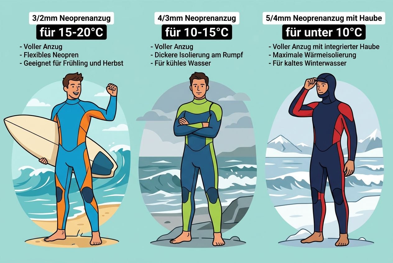 Unverzichtbare ausrüstung die man zum surfen braucht: drei Surfer in Neoprenanzügen mit Surfbrett, je 3/2mm, 4/3mm und 5/4mm Neopren; Textlisten zu Voller Anzug, Dämmung, integrated Haube und Einsatzbereiche.