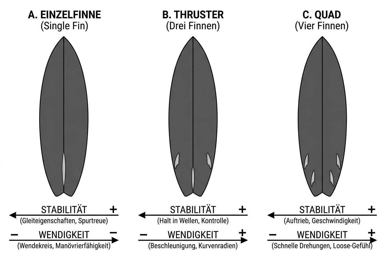 Unverzichtbare ausrüstung die man zum surfen braucht: Vergleich von drei Surfboards mit verschiedenen Stabilität- und Wendigkeit-Eigenschaften.