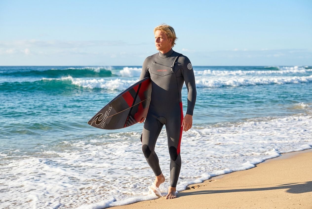 A: Uomo con muta senza maniche donna? No. Uomo in muta intera a maniche lunghe? Lascio la descrizione: Uomo con muta stagna senza maniche sulla spiaggia tiene tavola da surf, onde azzurre sullo sfondo.