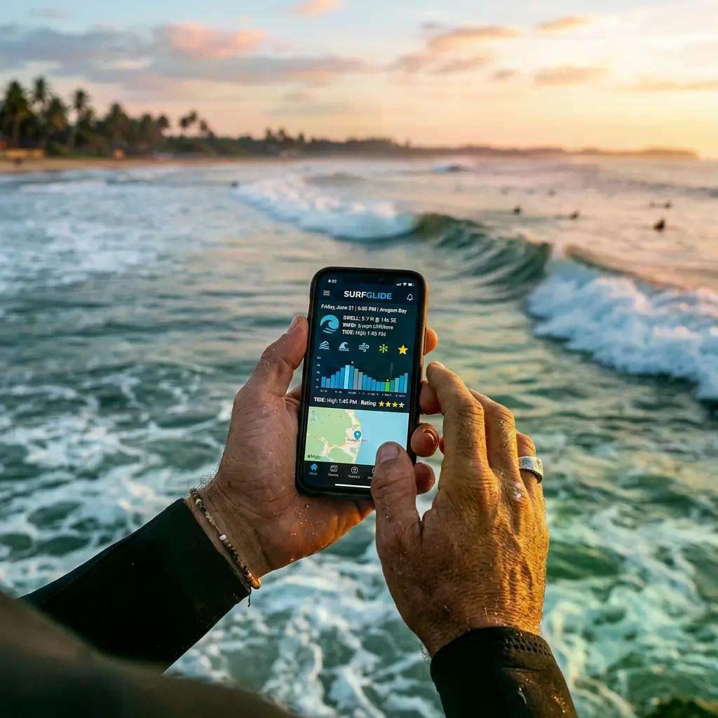 Utilisateur consulte une application sur smartphone au bord de la mer, les vagues derrière.