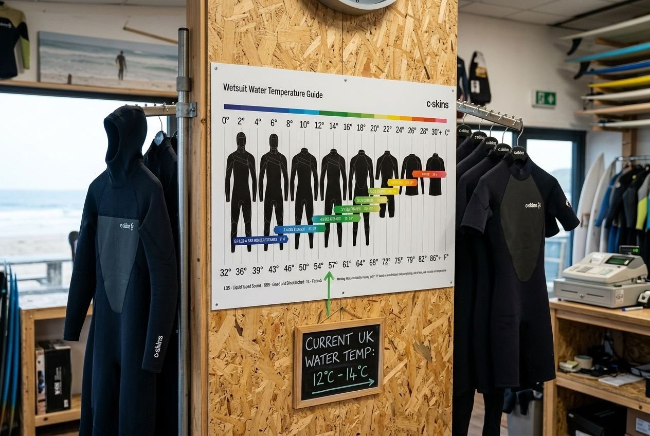 Wetsuit display at a shop with a water temperature guide chart and multiple black wetsuits on racks, plus a small chalkboard noting current UK water temp. Integrates wetsuit thickness guide uk naturally.