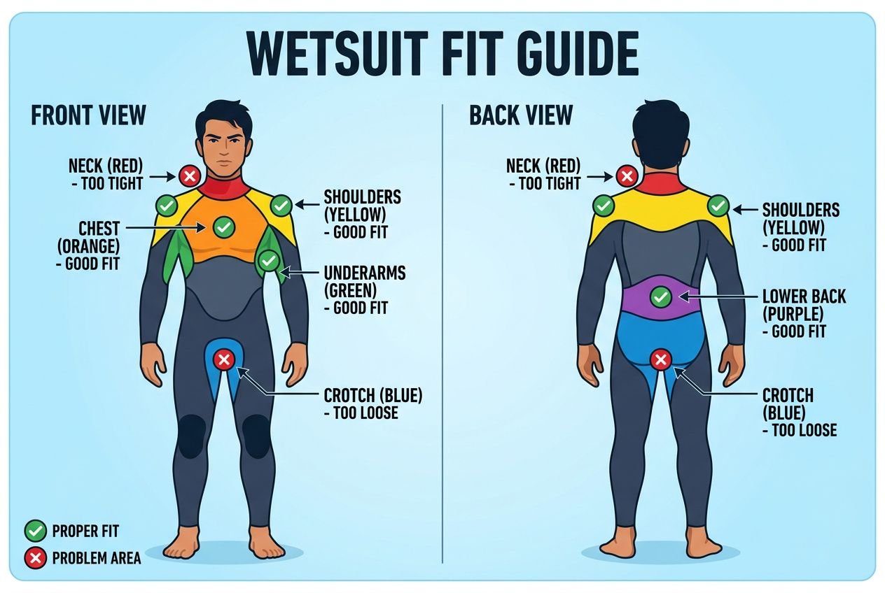 Wetsuit fit guide illustration showing front and back views with color-coded areas: neck (red) too tight, shoulders (yellow) good fit, chest (orange) good fit, underarms (green) good fit, crotch/blue areas evaluated as too loose, back sections with good and too-tight notes. Integrates how tight should a wetsuit be.