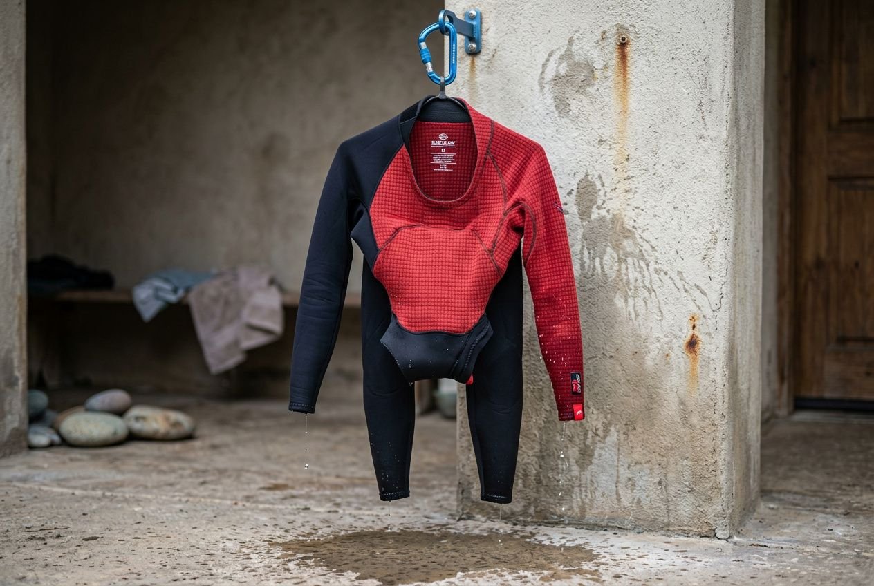 Wetsuit hanging to dry outdoors, red and black panels, water droplets dripping, wall with rust marks nearby. How to take care of wetsuits at home.