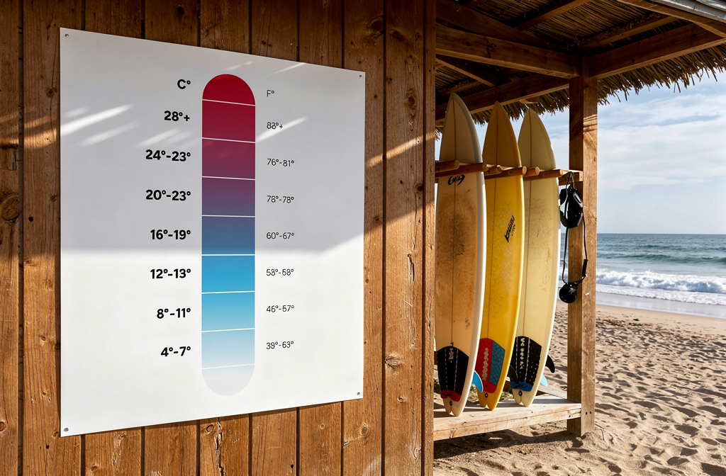 Wetsuit thickness guide board on a wooden wall at the beach with surfboards in rack and sandy shoreline in the background, illustrating how to choose a wetsuit thickness.