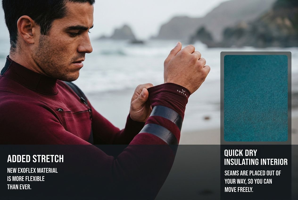 Are wetsuits supposed to be tight? Man on a beach adjusts a maroon wetsuit sleeve, costumed with added stretch and quick-dry insulating interior panels.