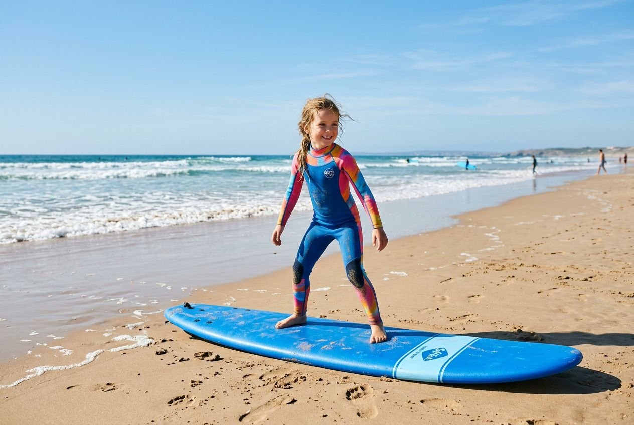Young child stands on a blue surfboard on a sandy beach, ready to surf at the calm shoreline. How to choose a surfboard for kids.