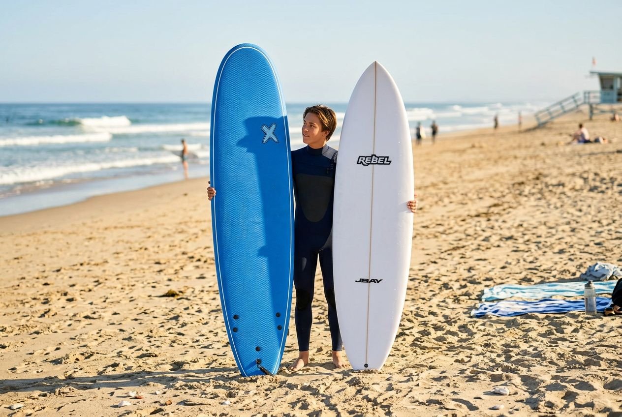 Young surfer in a wetsuit stands on a sandy beach holding a blue foam board and a white surfboard, ready to hit the waves. How to choose a first surfboard.