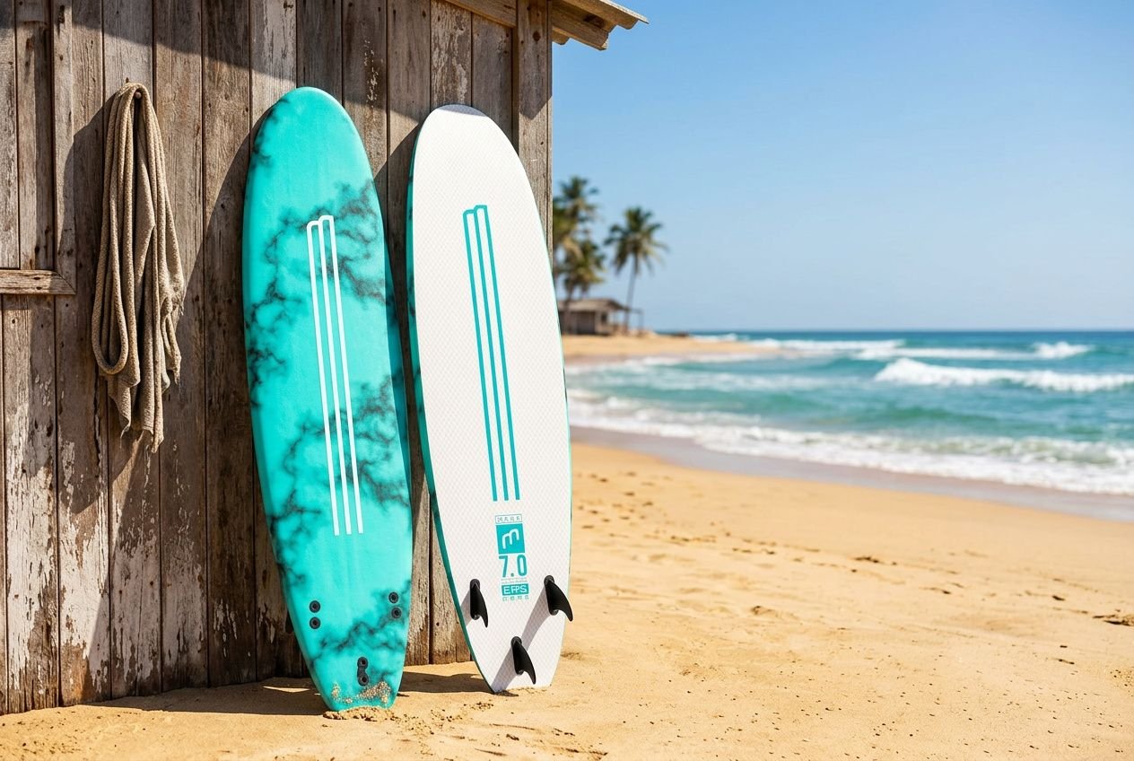 Zwei Surfboards am Strand vor einer Holzhütte, Blau- und Türkisfarben, mit Meer und Palmen im Hintergrund; ideal für lches surfbrett für anfänger.
