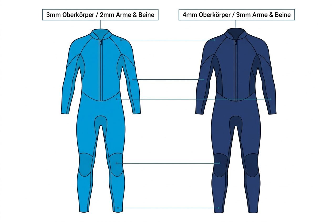 Zweier Neoprenanzüge in Blau: 3mm Oberkörper, 2mm Arme & Beine auf der linken Seite; 4mm Oberkörper, 3mm Arme & Beine auf der rechten Seite; einzelne Segmente markieren Rumpf, Arme, Beine.